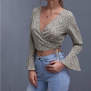 SHEIN Cream and Black Floral Wrap Blouse
